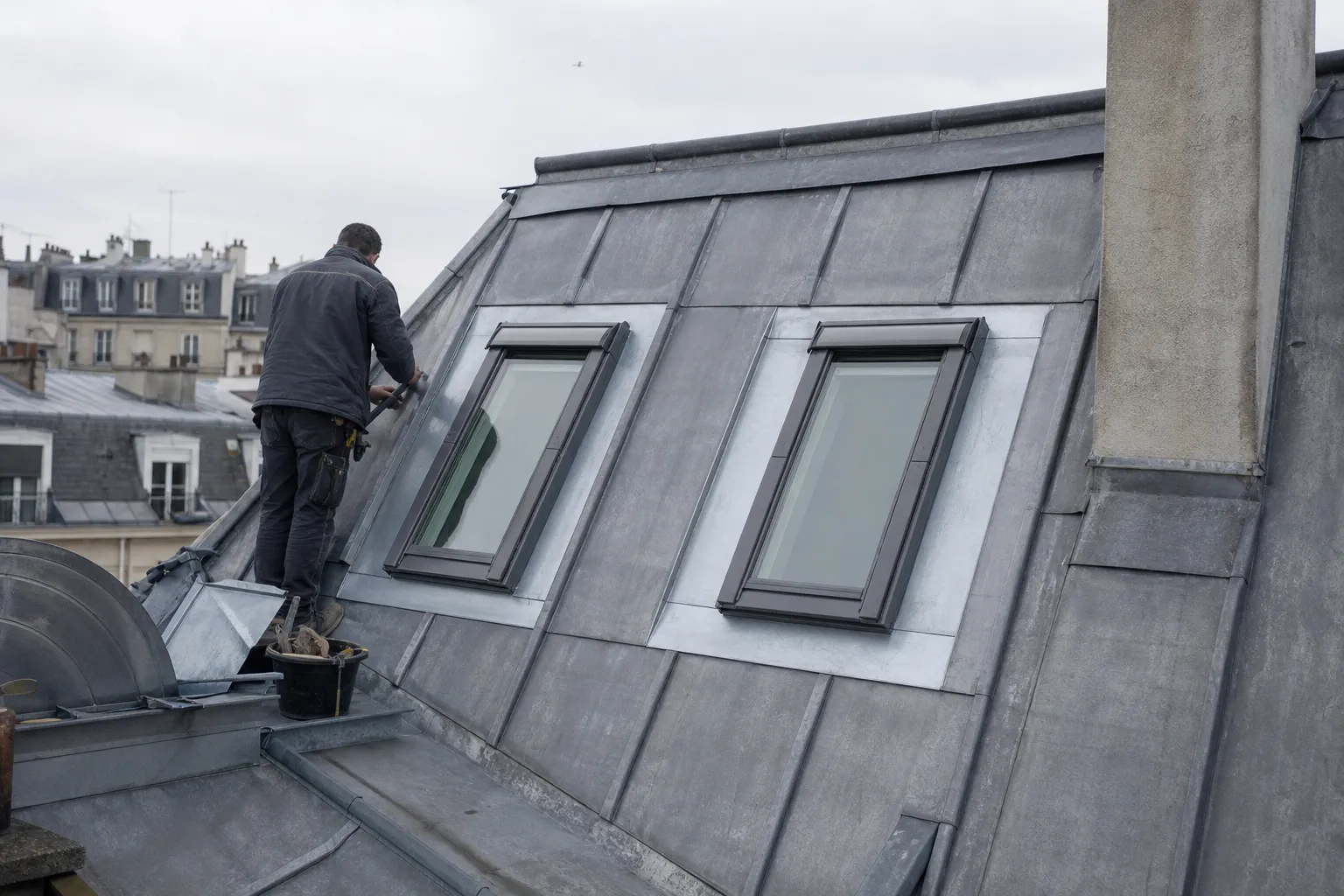 Deux fenêtres de toit posées dans le brisis d’un comble parisien, zinc neuf plié autour des cadres