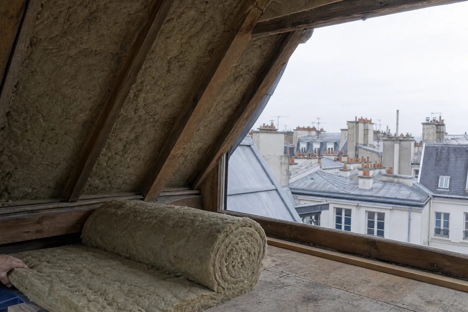 Rouleau de laine minérale à demi déroulé sur le plancher d’un comble parisien, pose entre chevrons en cours