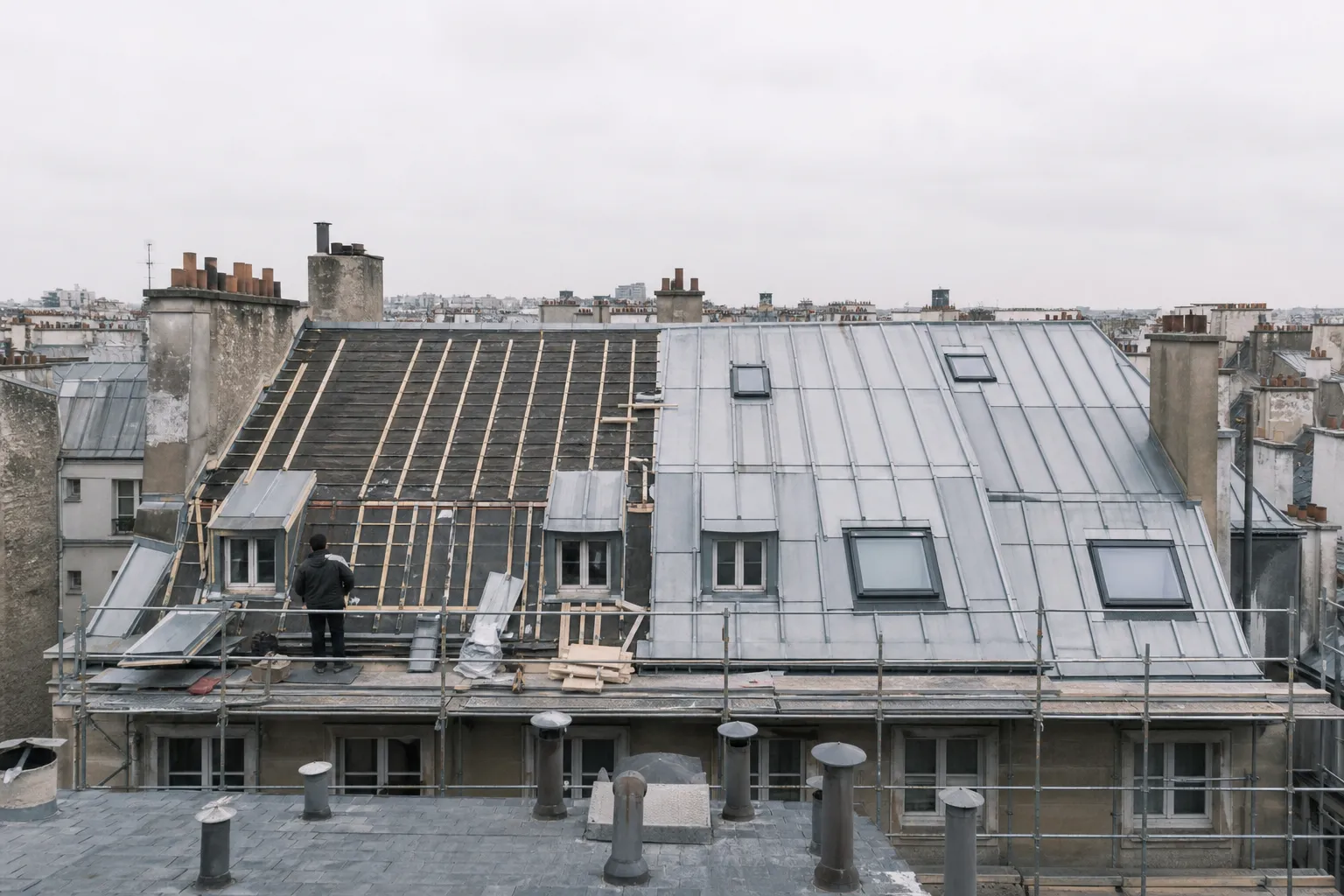 Toiture parisienne à moitié déposée et à moitié recouverte de zinc neuf, échafaudage le long de l’égout