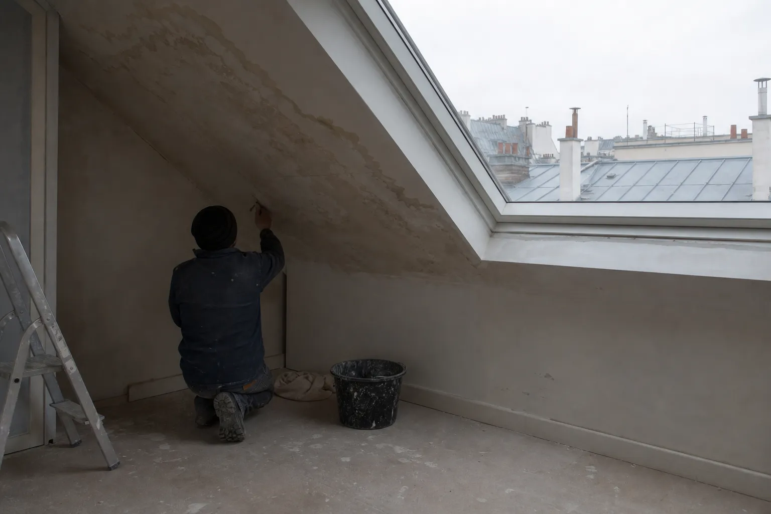 Auréole d’infiltration étalée sur le plafond mansardé d’un dernier étage, seau posé au sol