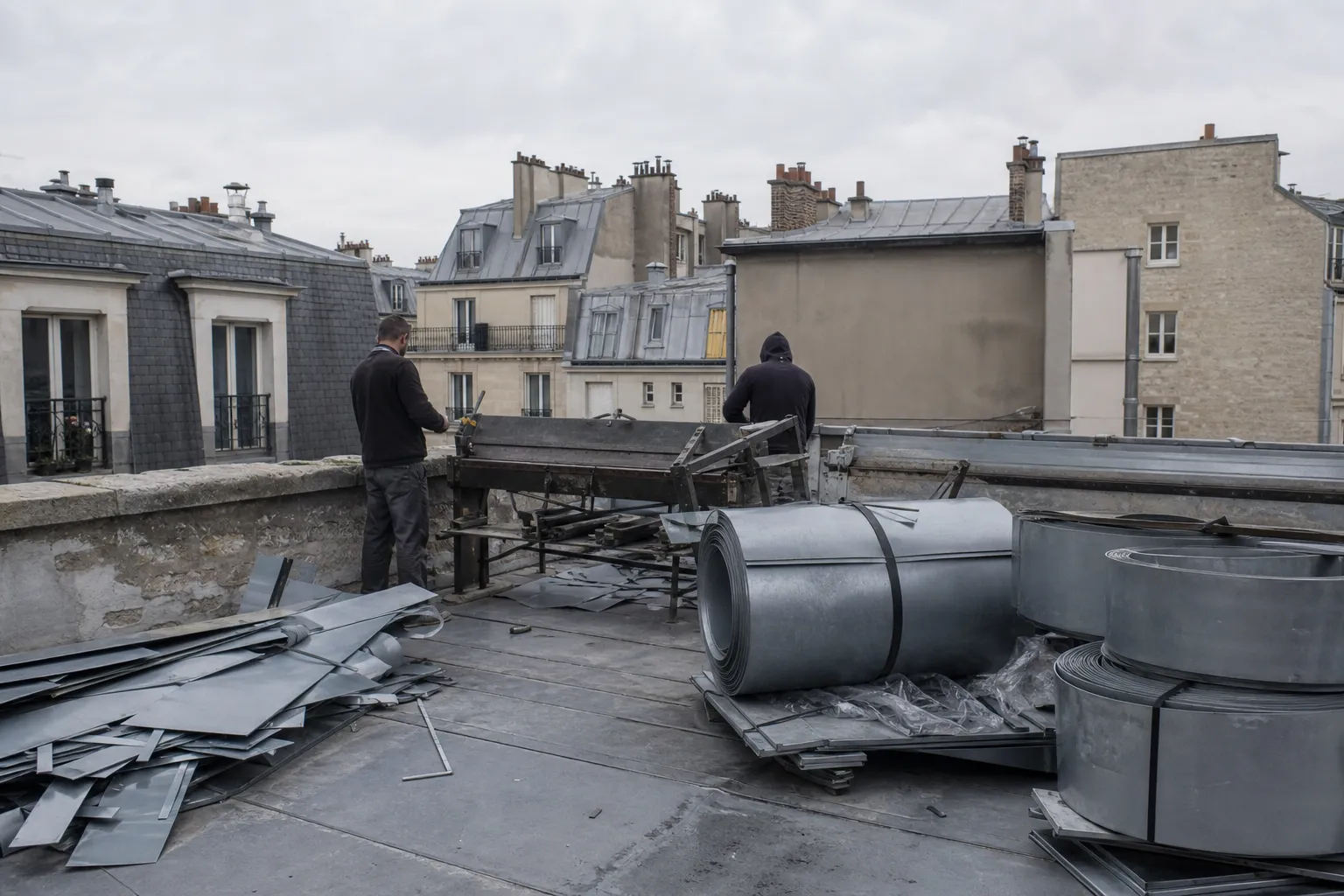 Rouleaux et chutes de zinc empilés sur un toit à côté d’une plieuse, métal capté en lumière grise