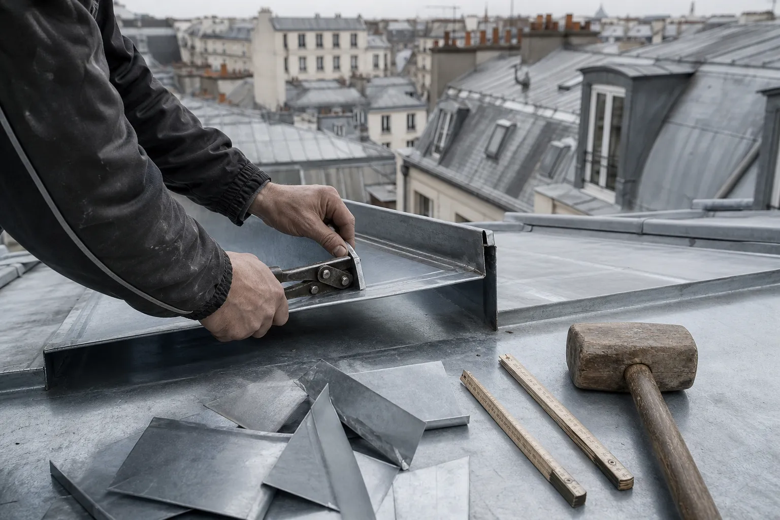 Joint debout refermé à la pince à sertir sur un toit de zinc, maillet et mètre pliant posés sur la tôle