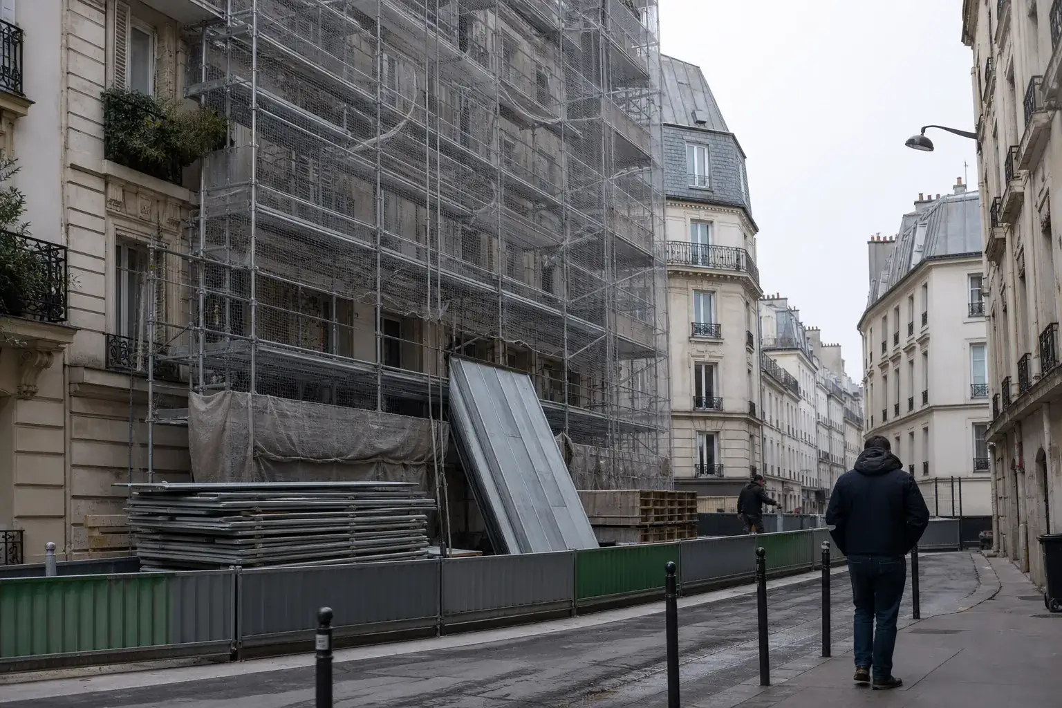 Échafaudage tubulaire monté contre un immeuble parisien en pierre de taille, filet de protection et bottes de zinc au sol