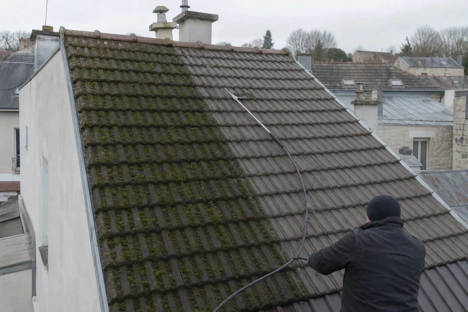 Toiture en tuiles mécaniques de pavillon de banlieue, nettoyée sur une moitié, encore couverte de mousse sur l’autre