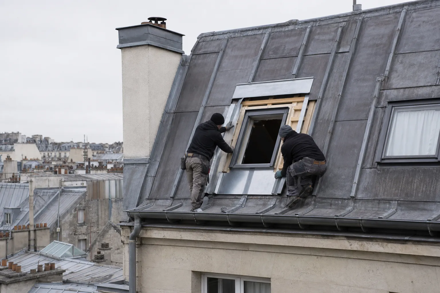 Fenêtre de toit en cours de pose dans le brisis d’un comble parisien, zinc neuf plié autour du cadre