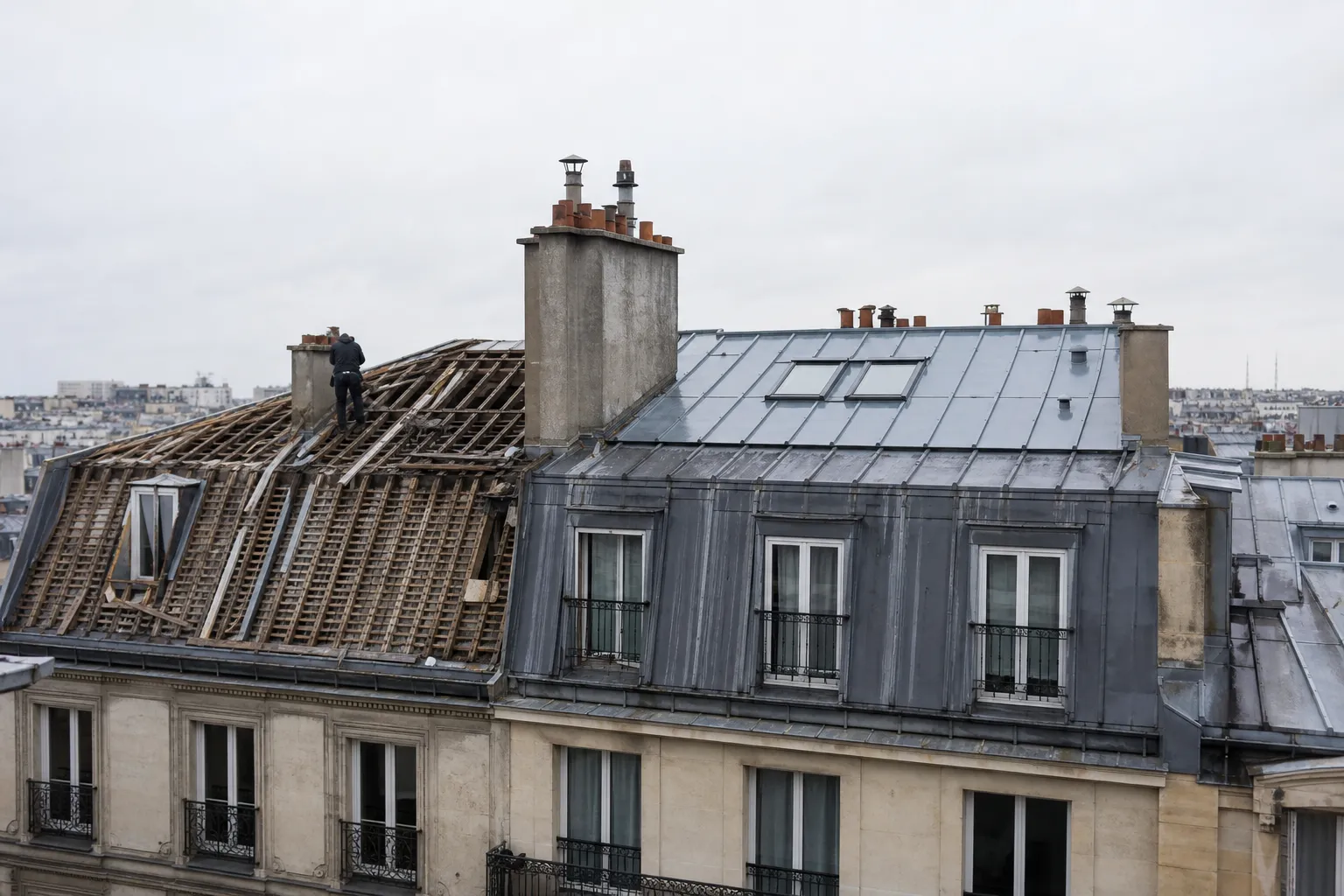 Comble mansardé parisien mis à nu pour rénovation, voliges apparentes sur le brisis et zinc neuf posé sur le terrasson