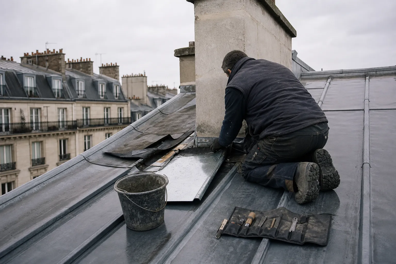 Panneau de zinc soulevé contre une souche de cheminée, bavette de plomb déchirée, tôle encore mouillée de pluie