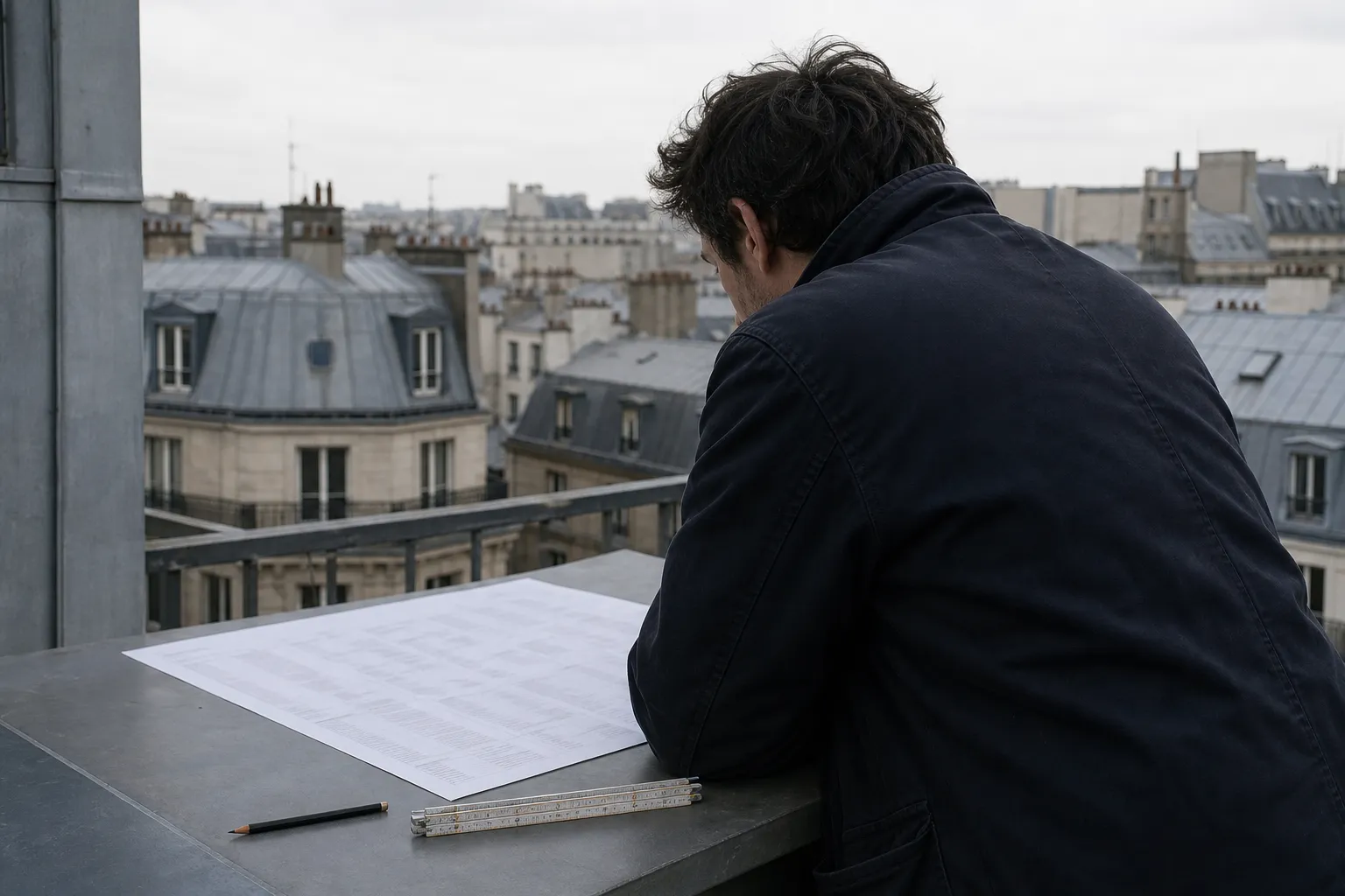 Devis de couverture détaillé étalé sur une table, crayon et mètre pliant à côté