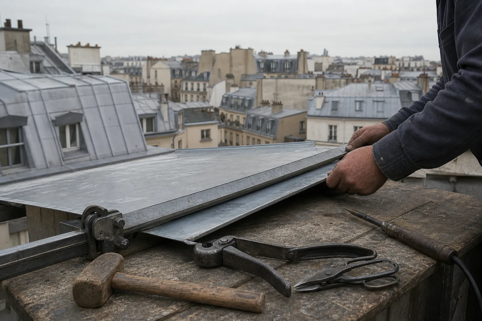Établi de zingueur : feuille serrée dans une plieuse, pince à sertir, maillet, cisaille et fer à souder alignés