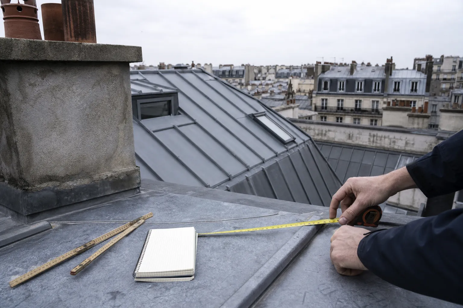 Mètre pliant et carnet posés sur une toiture de zinc à côté d’une souche, ruban déroulé le long d’un joint
