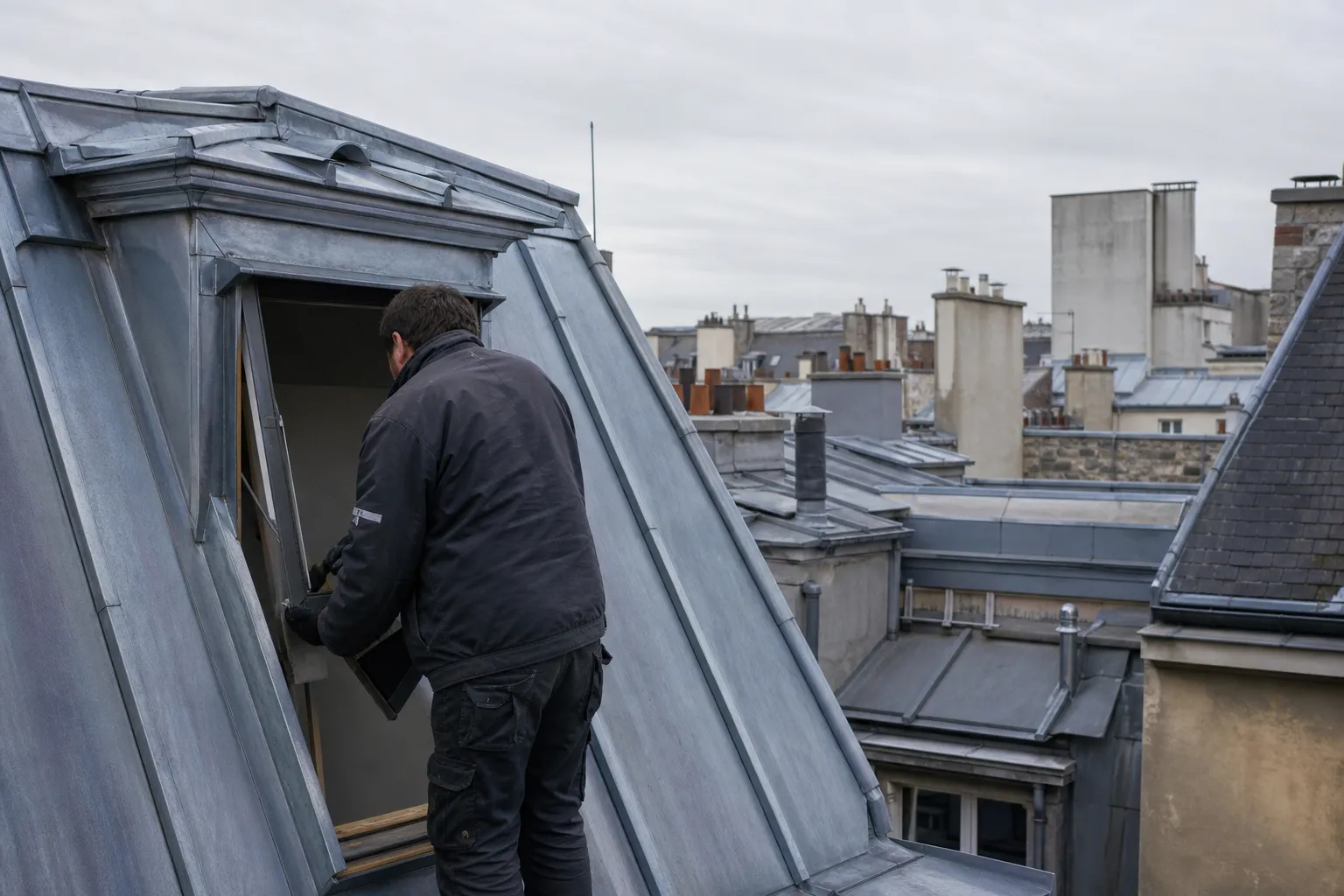 Comble mansardé isolé et terminé, rampant doublé et bandes de joint traitées, fenêtre de toit au fond