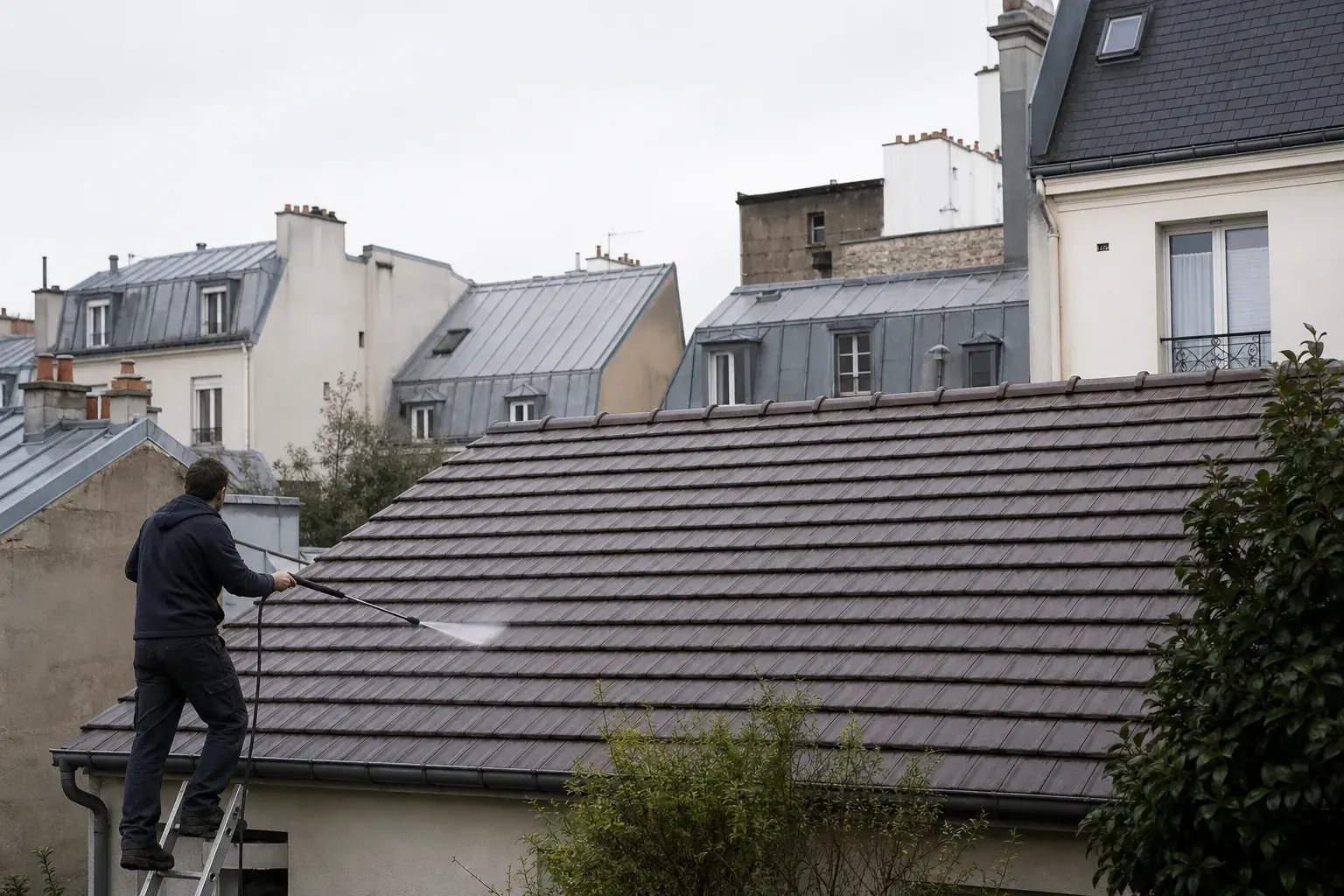 Même type de toiture de pavillon après nettoyage, rangs de tuiles nets et gouttière dégagée